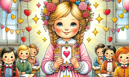 Une illustration destinée aux enfants représentant une petite fille rayonnante, se trouvant dans une école décorée de guirlandes de cœurs et de ballons colorés, entourée de ses camarades de classe, et tenant une carte mystérieuse dans ses mains.