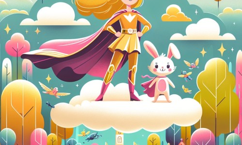 Une illustration destinée aux enfants représentant une super-héroïne à la chevelure dorée, se tenant fièrement sur un nuage, accompagnée d'un petit lapin rose, dans une ville enchantée aux arbres multicolores et aux animaux parlants.