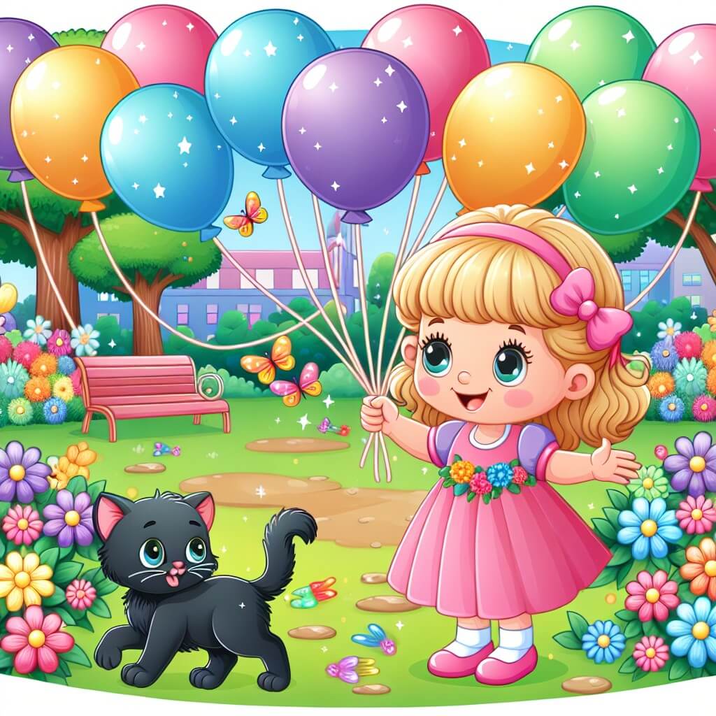 Une illustration destinée aux enfants représentant une petite fille rayonnante, entourée de ballons colorés, qui découvre un chaton noir perdu dans un parc enchanteur rempli de fleurs multicolores.