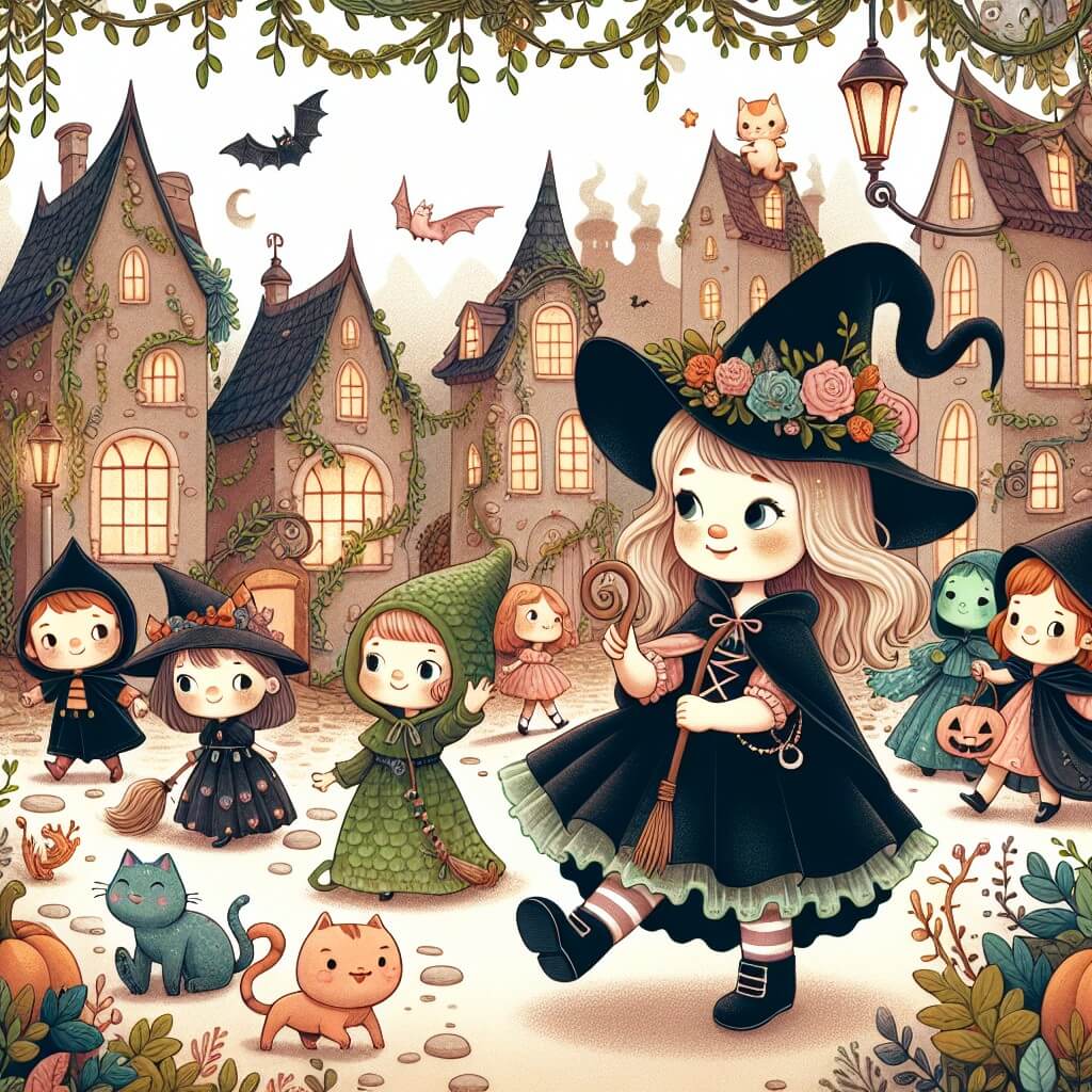 Une illustration destinée aux enfants représentant une petite fille déguisée en sorcière, accompagnée de ses amis transformés en différentes créatures d'Halloween, explorant un village enchanté recouvert de lianes, avec des maisons aux allures fantasmagoriques et des rues remplies de créatures fantastiques.