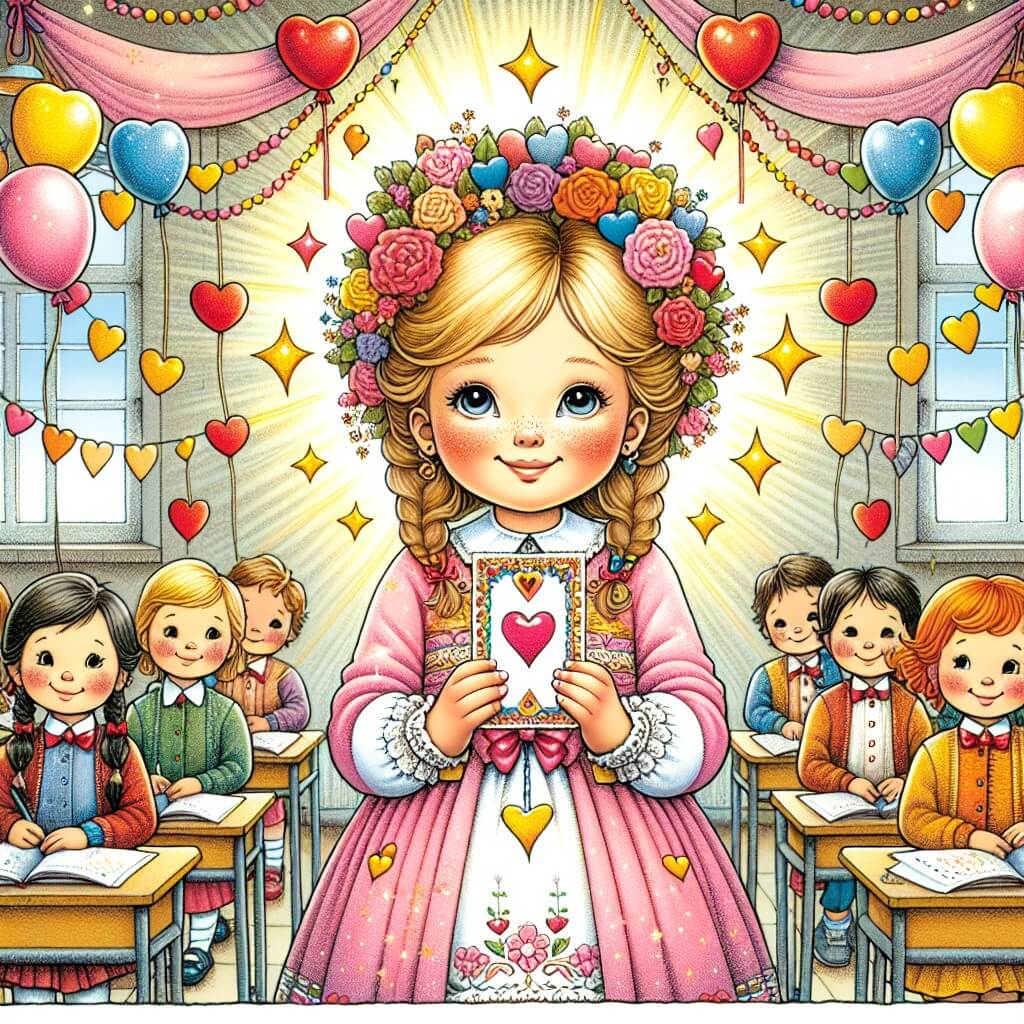 Une illustration destinée aux enfants représentant une petite fille rayonnante, se trouvant dans une école décorée de guirlandes de cœurs et de ballons colorés, entourée de ses camarades de classe, et tenant une carte mystérieuse dans ses mains.