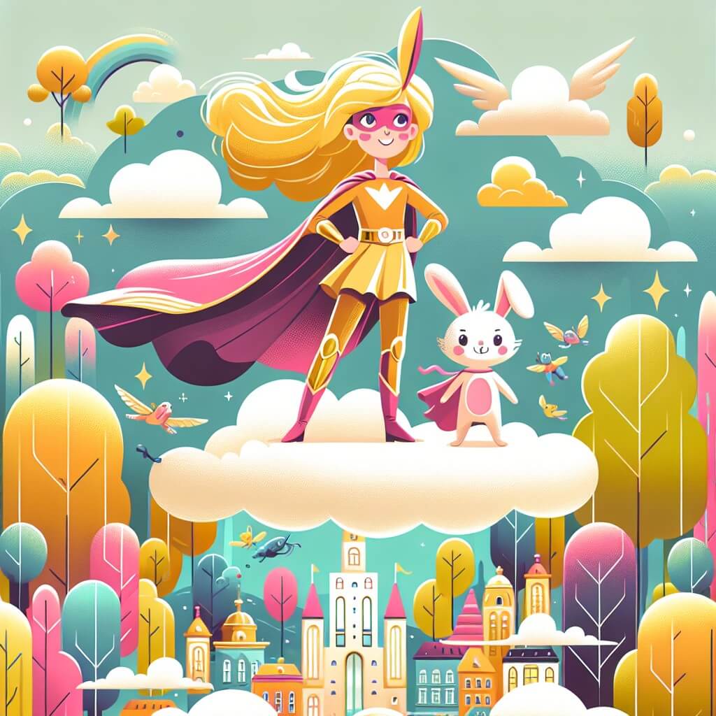Une illustration destinée aux enfants représentant une super-héroïne à la chevelure dorée, se tenant fièrement sur un nuage, accompagnée d'un petit lapin rose, dans une ville enchantée aux arbres multicolores et aux animaux parlants.